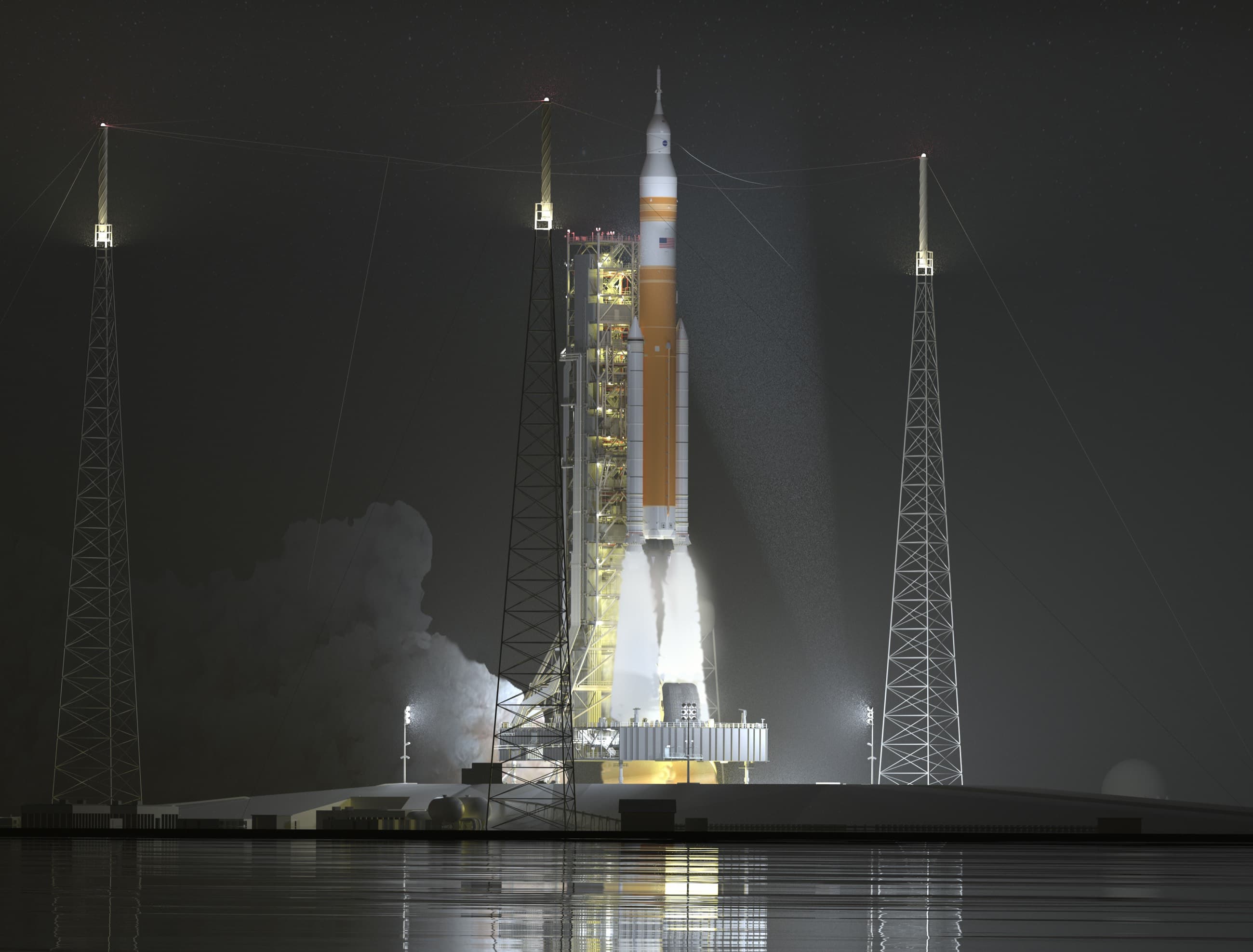A rocket lifts off against a dark sky